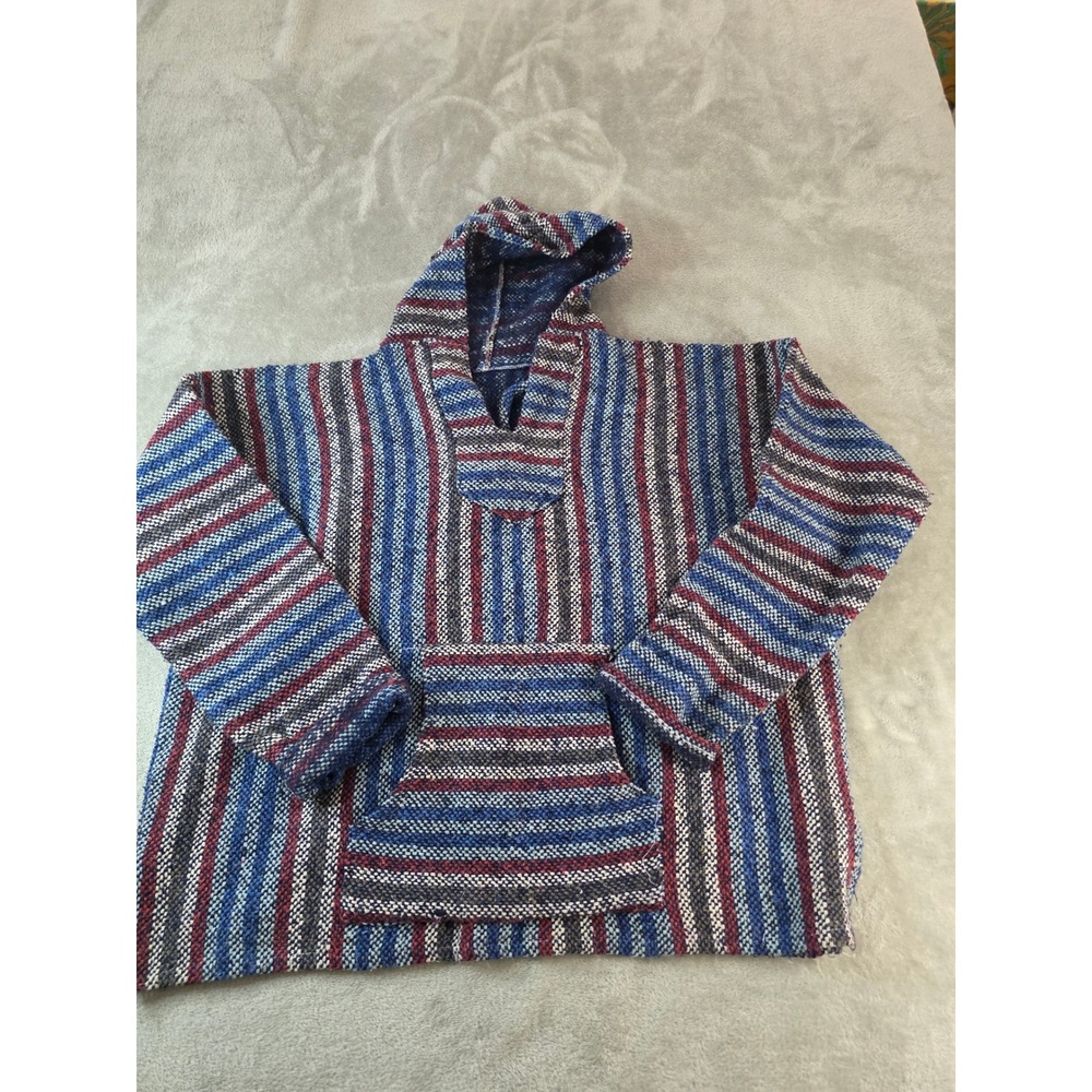Unbranded Baja Hoodie Mens L Blue Red Striped Drug Rug Mexican Style Poncho
